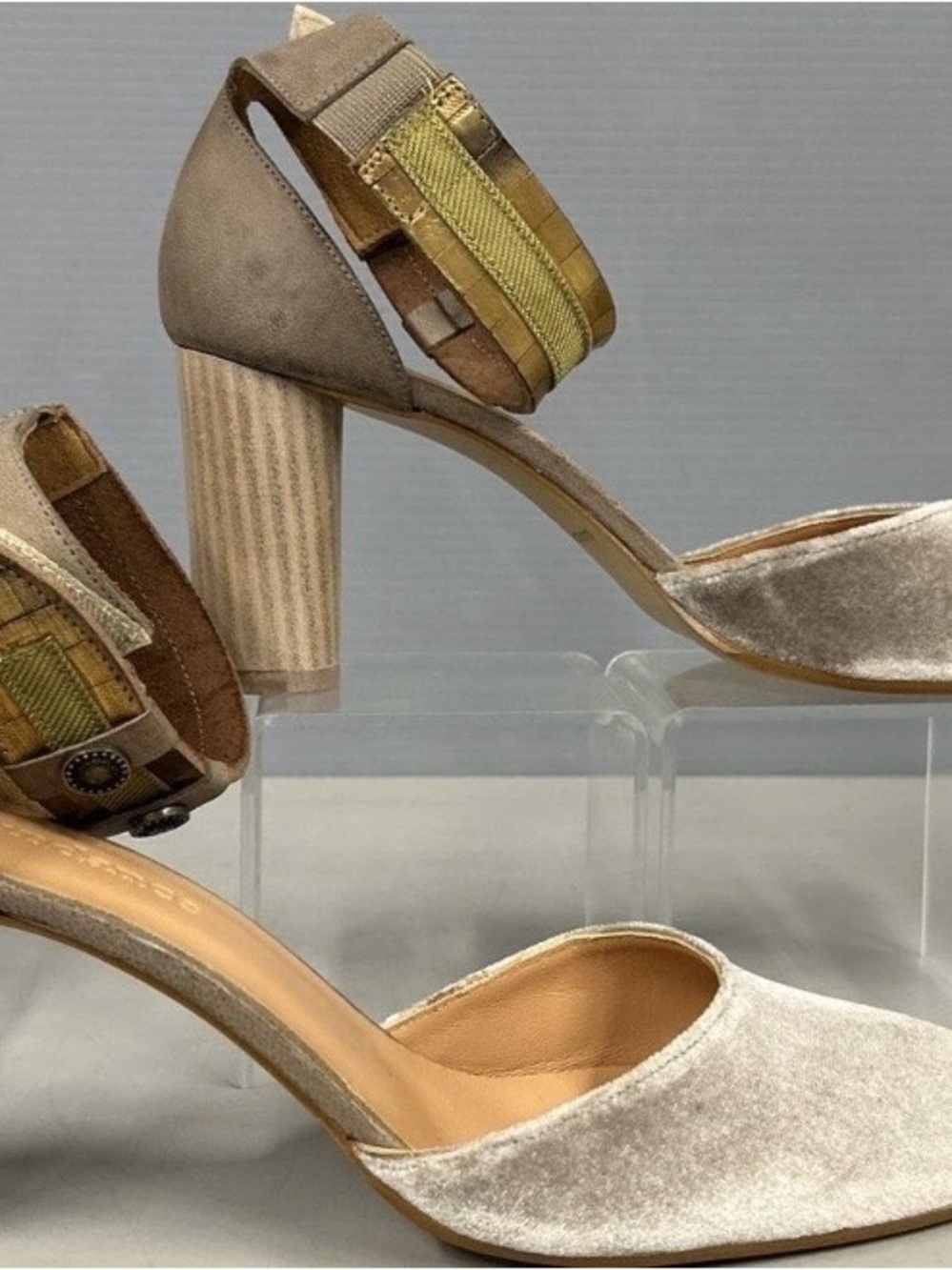 Sundance Taupe Velvet Block Heel Sandals with Gold Accent Strap